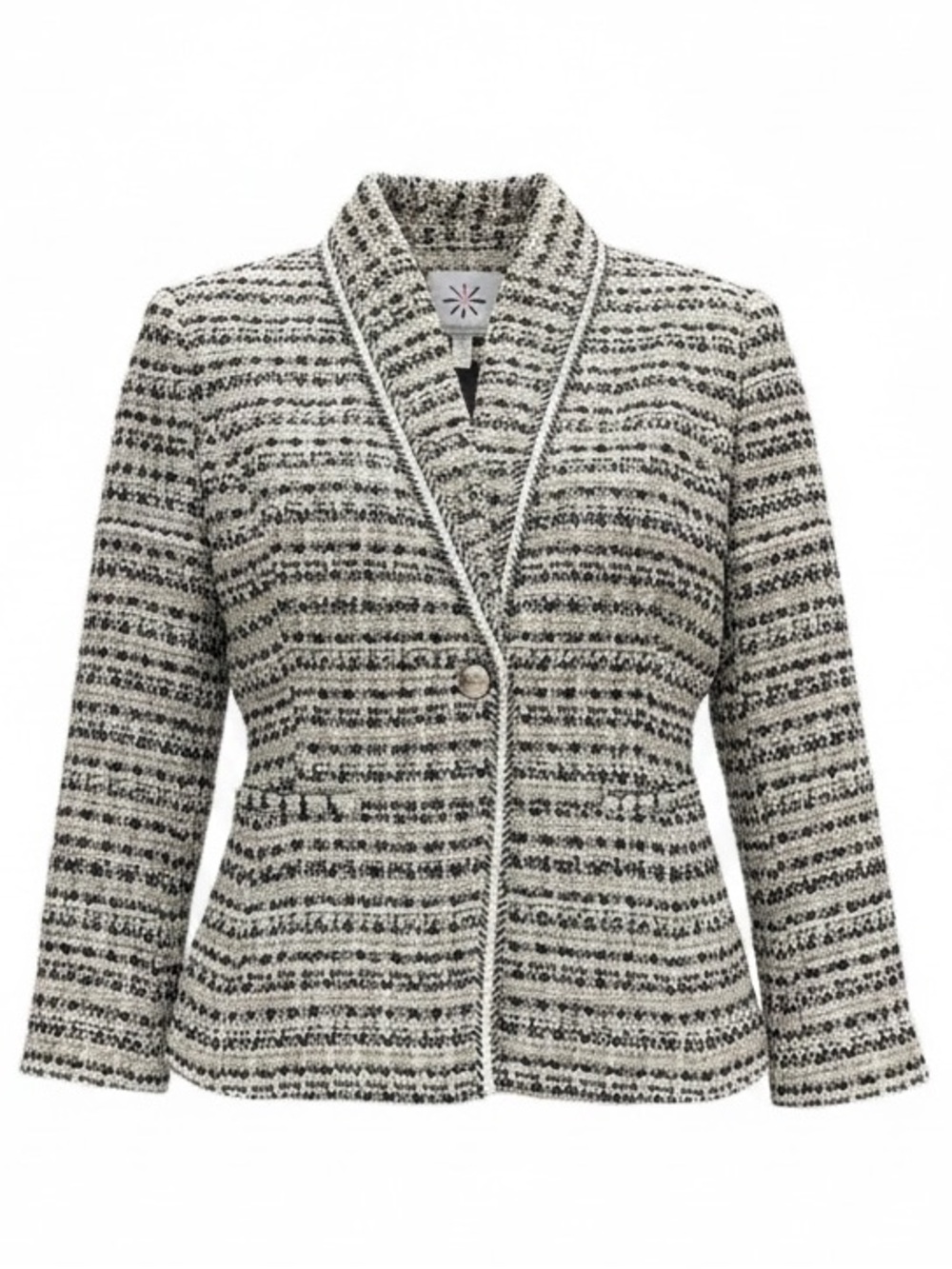 Isaac Mizrahi Live Tweed Blazer Size Medium White Tan Black Silver Thread